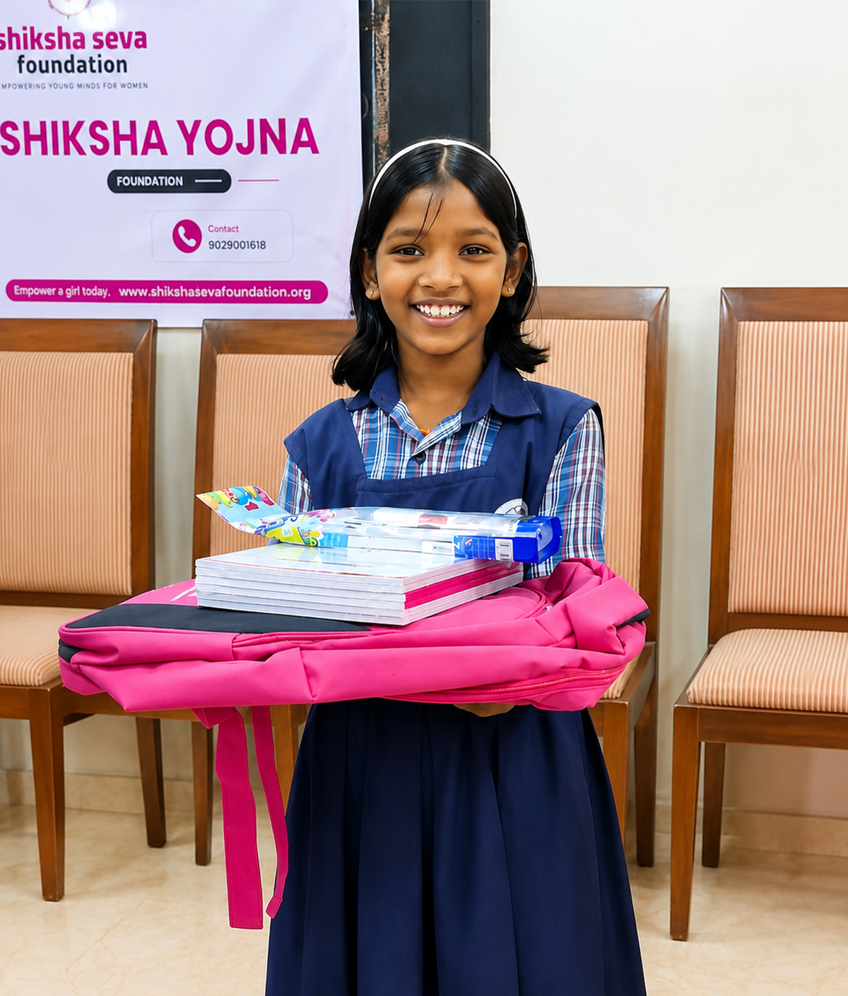Child receiving a school kit with bag and supplies